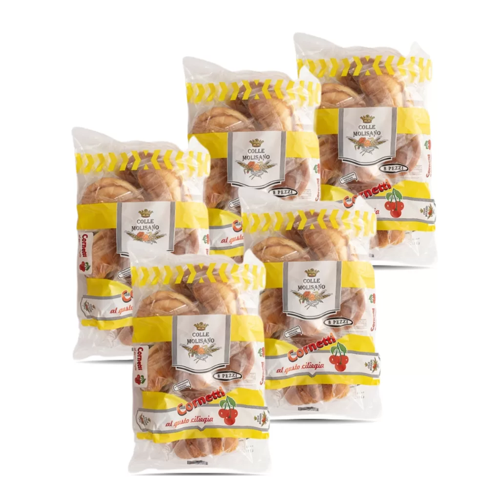 Cornetti farciti alla ciliegia Colle Molisano - cartone con 5 confezioni da 8 pezzi, dolce artigianale italiano.