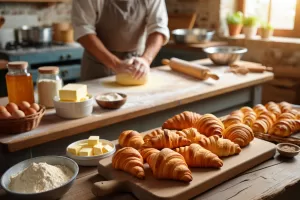 Laboratorio di azienda dolciaria Colle Molisano con cornetti artigianali appena sfornati e ingredienti genuini sul tavolo